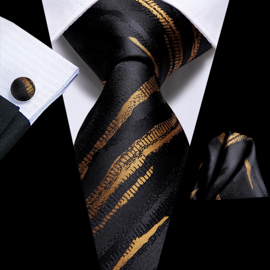 Silk Tie Striped - Hi-Tie Black Gold Striped Silk Wedding